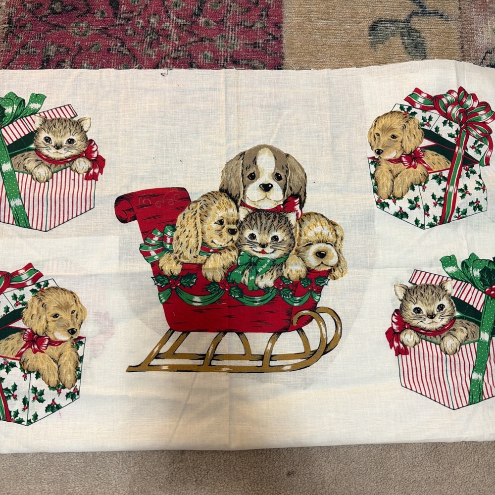 Wamsutta Hallmark Christmas Applique Fabric Panel Puppies & Kittens VTG 17.5x44"